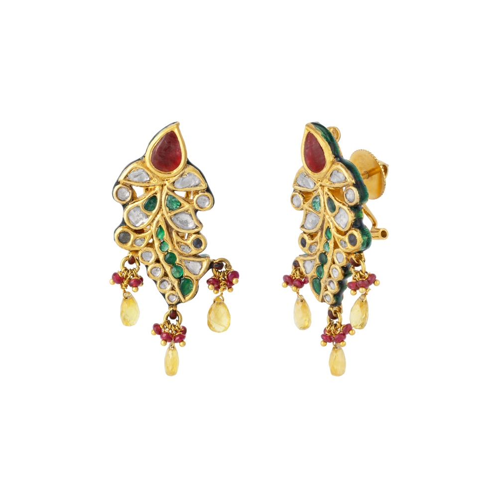 Leaf Polki Earrings with Green Talafs, Rubies & Sapphire Drops